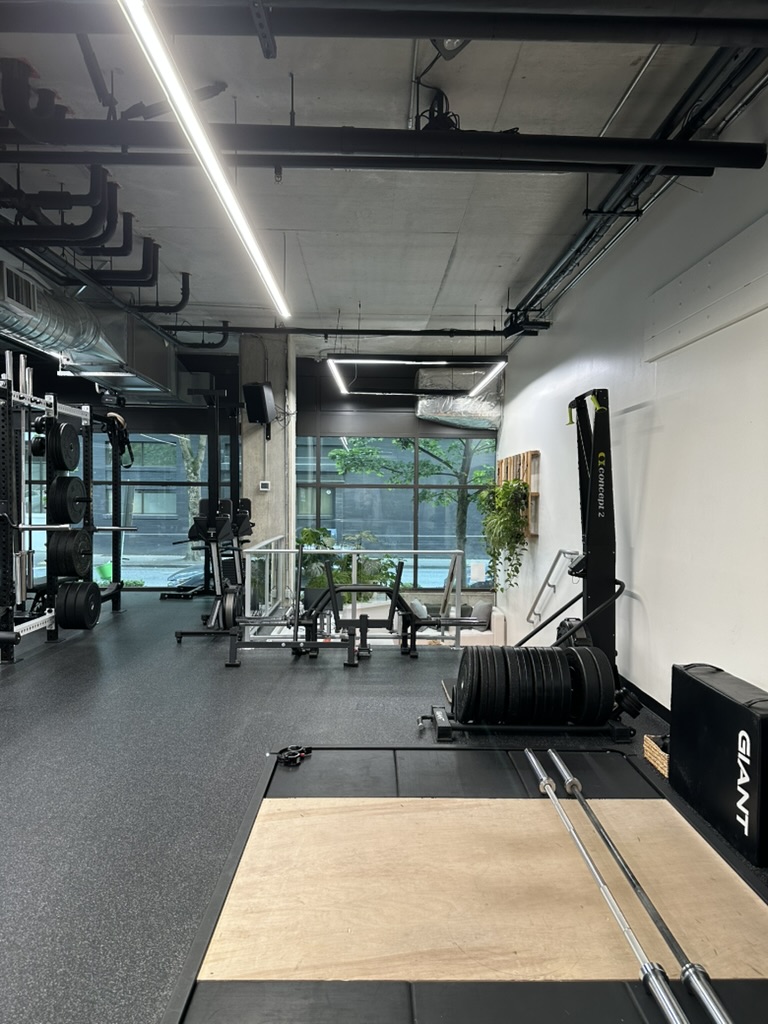 Wood lifting platform with barbells, bumper plates and a rowing machine at TRAIN Seattle's Independent Trainer Studio in Belltown